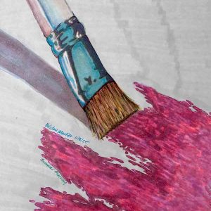 A hand drawn illustration of a paintbrush, painting red paint and the background color is grey